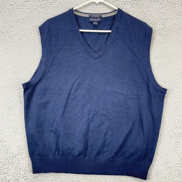 Lands End V-Neck Sweater Vest Adult‎ Large Blue 100% Supima Cotton Knit Mens NEW